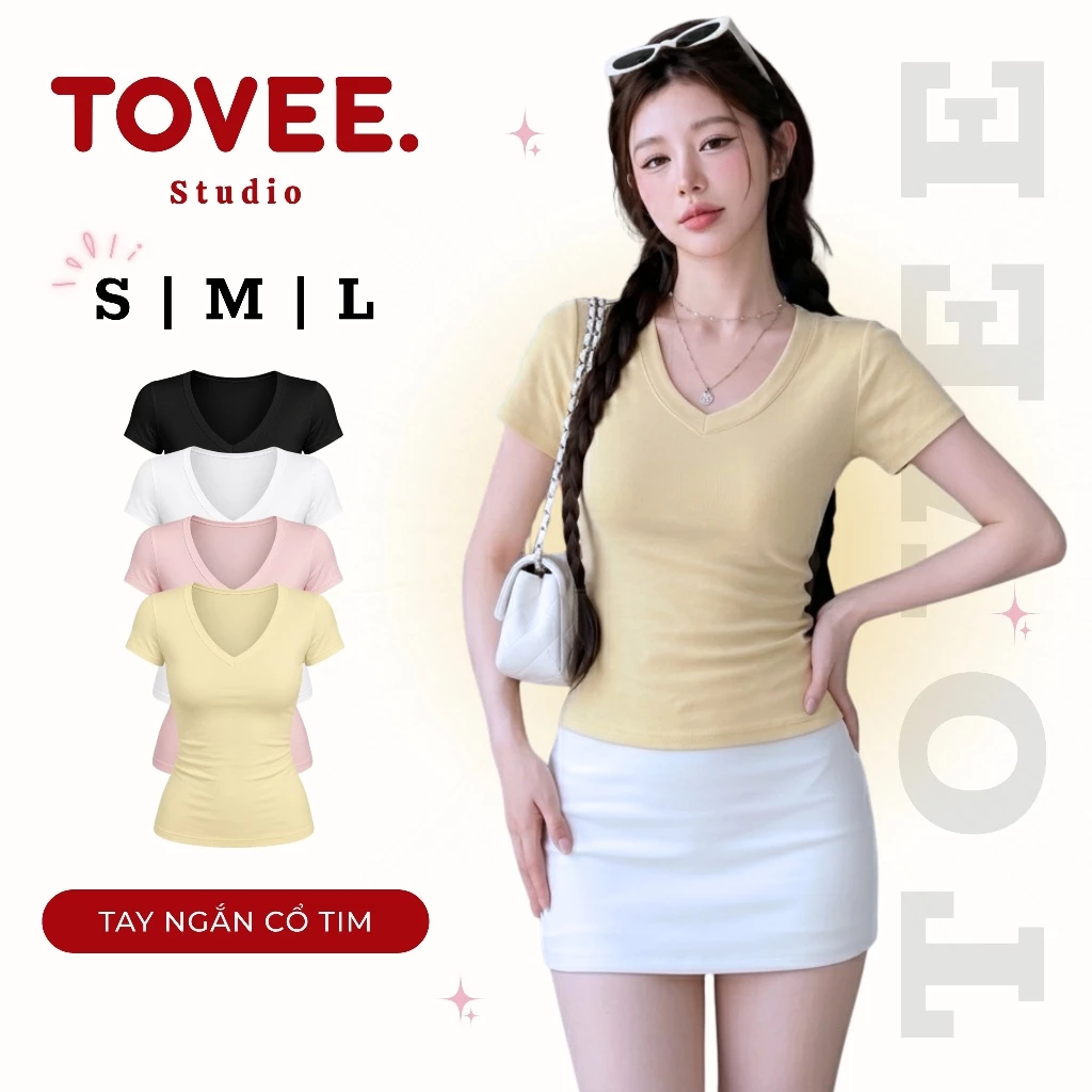 Áo Thun TAY NGẮN CỔ TIM DÁNG DÀI Chất Thun Borip Lụa Ôm Body DD45, Áo Thun Cổ V Kiểu Trơn Basic Mềm Mát TOVEE