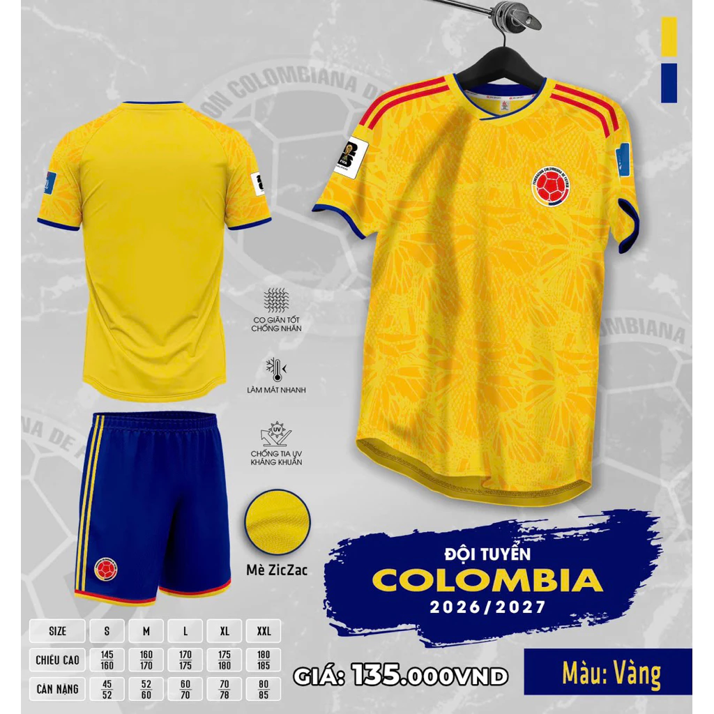 Bộ Quần Áo Đá Banh Colombia Vàng 2026 (Nhận In Tên Số) Thun Mè Cao Cấp Logo Thêu Nam Nữ Top Sport