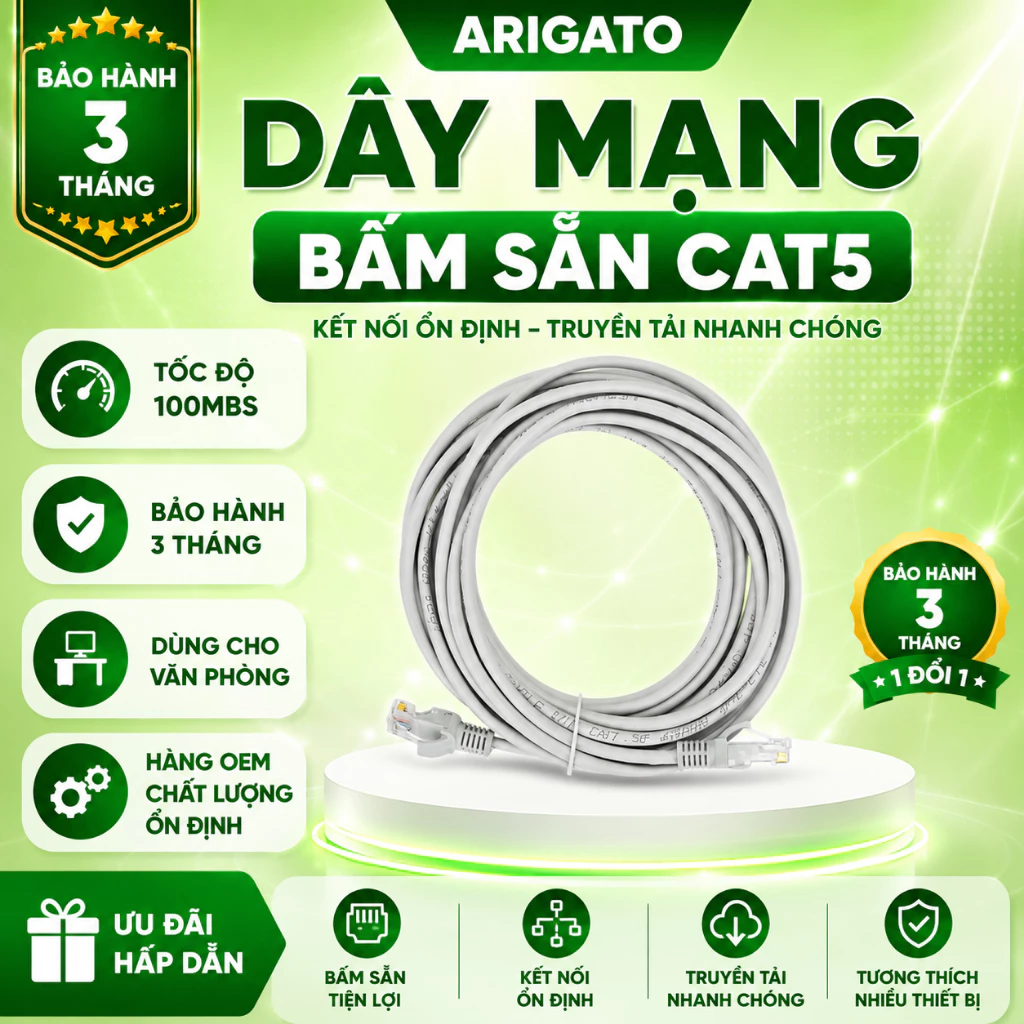 Dây Mạng LAN CAT5 Bấm Sẵn Arigato 1.5M 3M 5M Cáp Mạng RJ45 Tốc Độ 100Mbps Kết Nối PC Laptop Router Camera