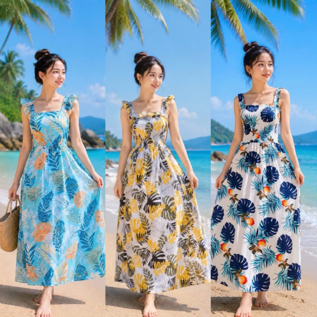 Đầm đi biển chất vải tôn (lanh) siêu thoáng mát đi biển, Đầm maxi đi biển hoạ tiết hoa lá cây dừa cho nữ freesize