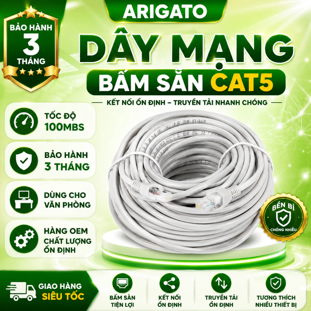 Dây Mạng LAN CAT5 Bấm Sẵn 30M 40M 50M ARIGATO Cáp Mạng RJ45 Kết Nối Ổn Định Cho PC Laptop Router