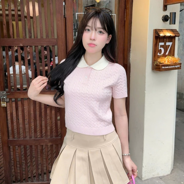 Áo len cổ sen dáng polo dệt vặn thừng len lông thỏ PL21 cao cấp DELIZ 300G