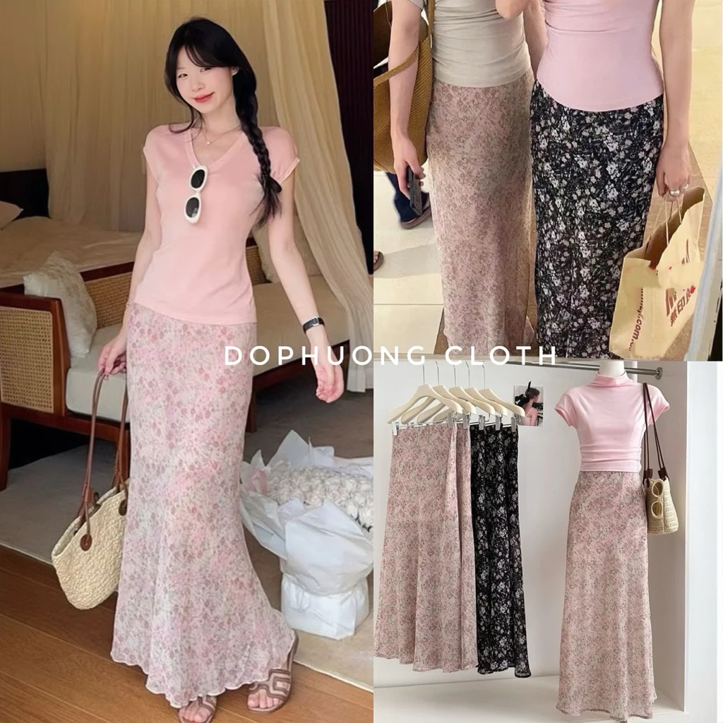 (Hàng QC sẵn SML - video chính chủ) Chân váy voan hoa hồng/ hoa đen cap chun co giãn dáng dài xoè đuôi cá nhẹ NEW