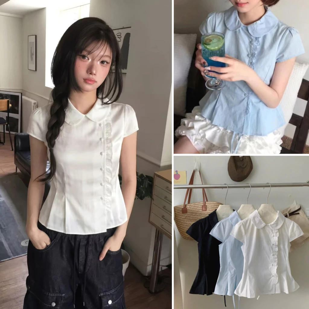 [Hàng sẵn] Áo sơmi cổ sen tay hến cúc bọc bèo lệch form ôm tôn dáng basic đi học đi làm LAMI TOP 3655
