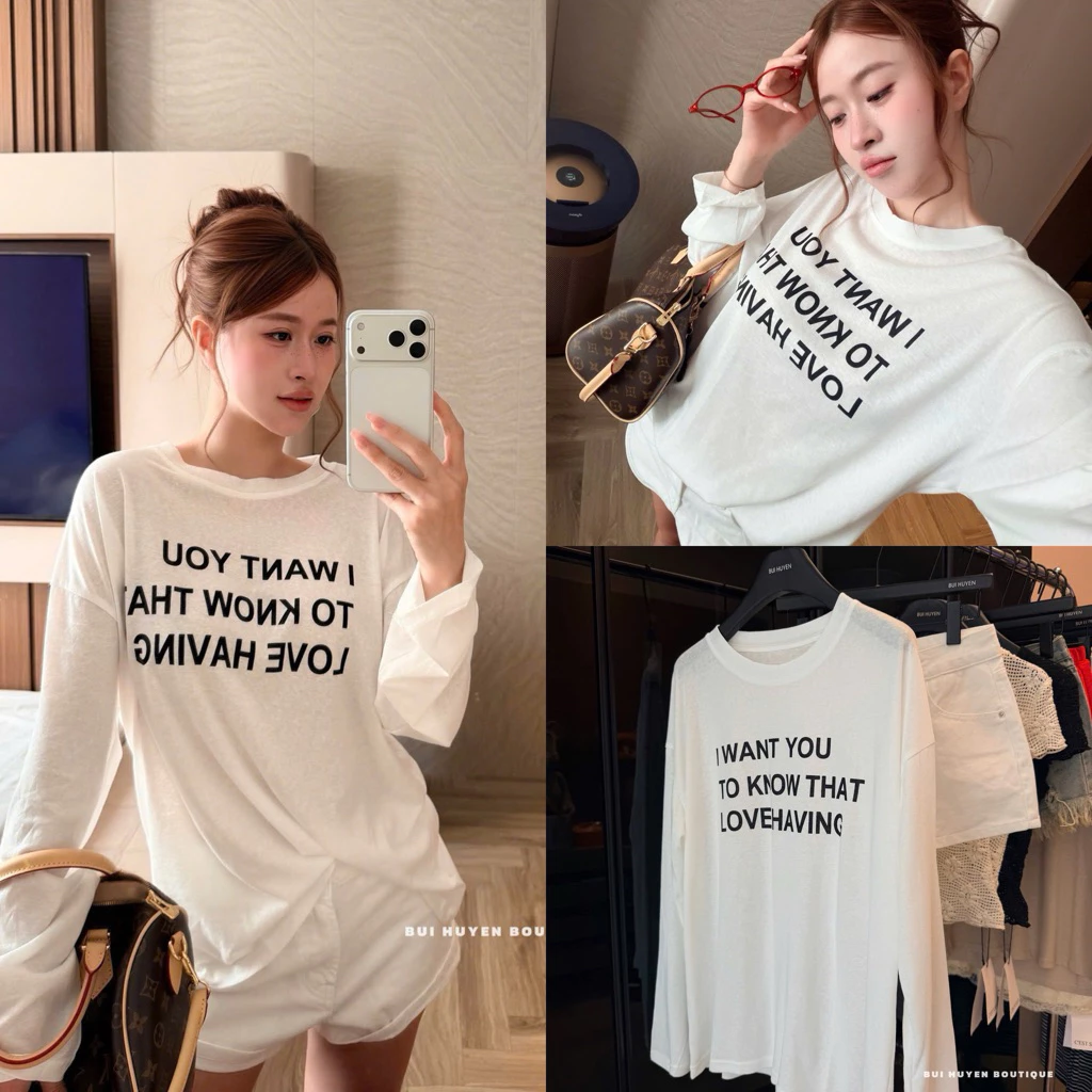 Áo Phông Giấy Nữ Dài Tay In Chữ Đen -Áo Thun Giấy Mỏng Form Rộng Mặc Hè Thu Đi Chơi Trendy - Hàng QC (kèm ảnh thật)
