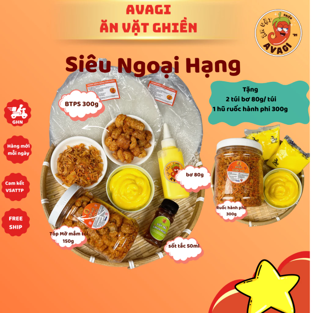 COMBO Ngoại Hạng ĐỎ: Bánh Tráng Phơi Sương 300g Bánh tráng TÔM Dẻo + BƠ HỦ SIÊU TO + Ruốc Hành Phi