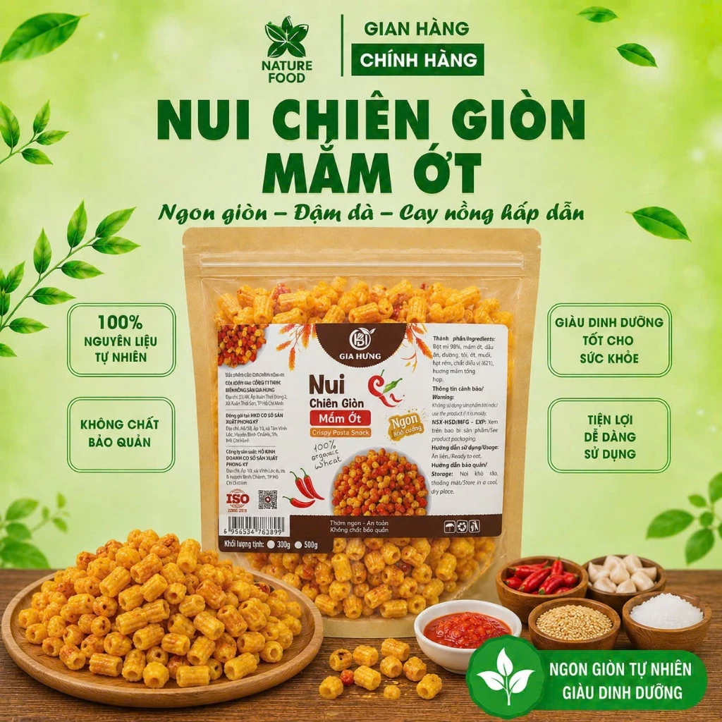 Nui chiên bơ mắm cay giòn ngon đậm vị giòn tan Phân Phối Bởi NATURE FOOD( đầy đủ hồ sơ công bố và kiểm nghiệm sản phẩm)