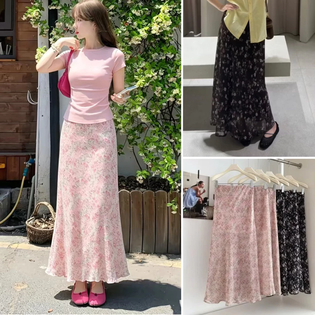 [Hàng QC] Chân váy midi voan hoa nhí 2 lớp dài 95cm cạp chun ẩn CV3657