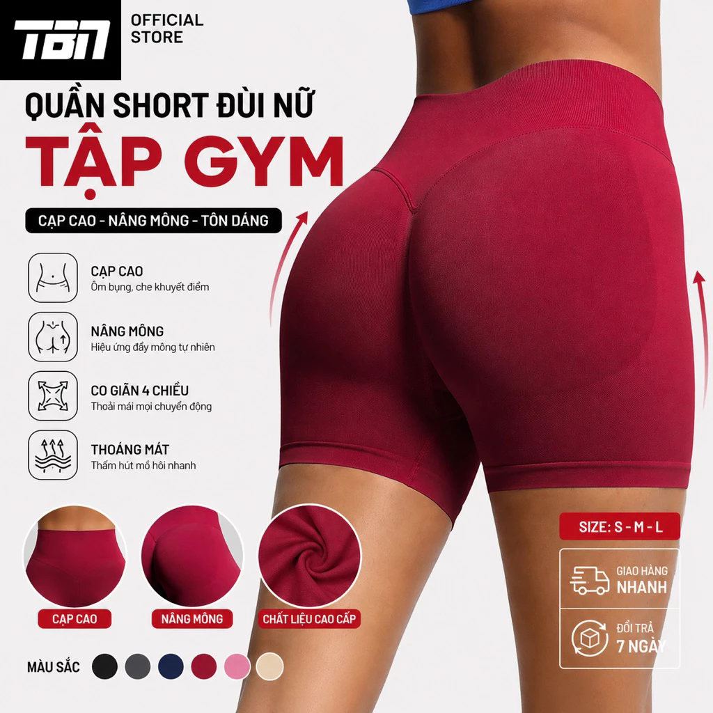 TBN Quần Short Đùi Nữ Tập Gym Cạp Cao Nâng Mông Co Giãn 4 Chiều Ôm Dáng Yoga Fitness