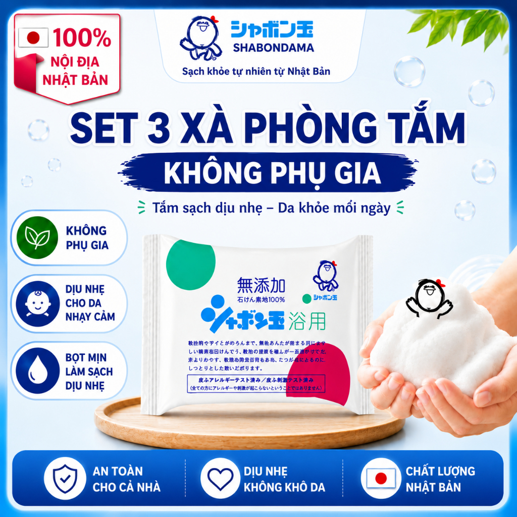 Set 3 Bánh Xà Phòng Tắm 100g KHÔNG PHỤ GIA HOÀN TOÀN TỰ NHIÊN từ mỡ bò giúp…