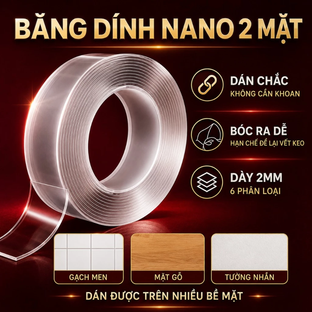 Băng Dính Nano 2 Mặt Trong Suốt Dày 2mm, Băng Keo Acrylic Siêu Dính Không Cần Khoan Dễ Tháo, Cuộn Dán Đồ Gia Dụng
