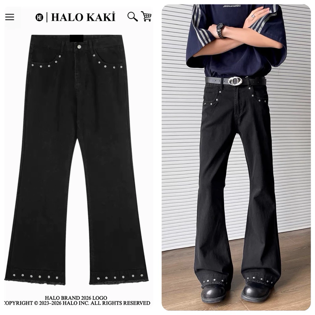 Quần jeans LOE ĐEN ĐÍNH HẠT loe nhoẹ tôn dáng halo kaki phong cách douying