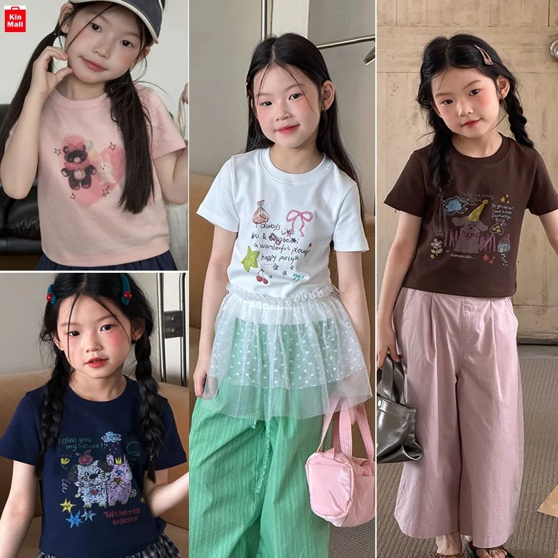 (10-40kg) Áo Thun Cộc Tay Mùa Hè 𝟐𝟎𝟐𝟔 dáng Croptop đáng yêu cá tính cho Bé Gái - hãng AMBBKIDS