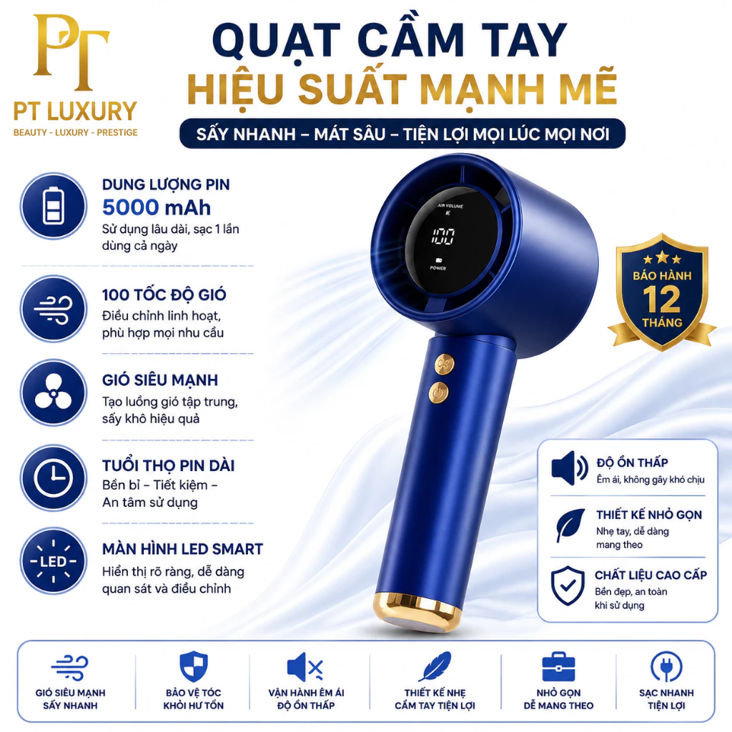 Quạt mini cầm tay PTLUXURY tích điện 5 chế độ chế độ có màn hình hiển thị siêu đẹp