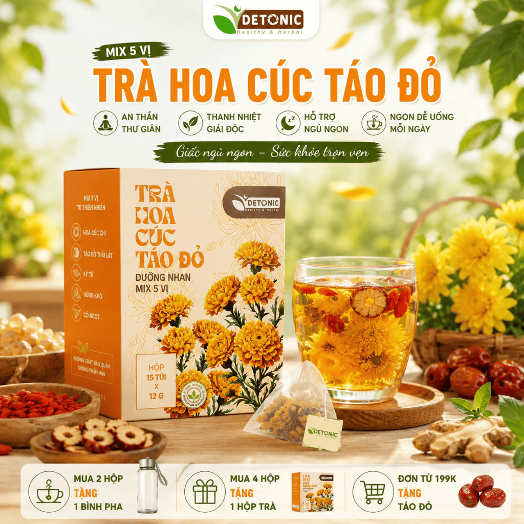 Trà thảo mộc hoa cúc táo đỏ DETONIC giúp giảm stress, thư giãn trí não, ngủ ngon sâu giấc