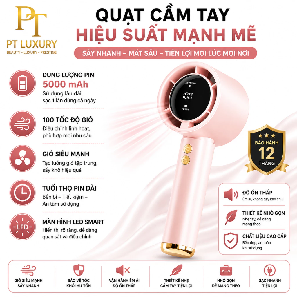 Quạt Cầm Tay 100 Tốc Độ Turbo Dung Lượng Pin Lớn 5000MAH Màn Hình Led Hiển Thị PTLUXURY