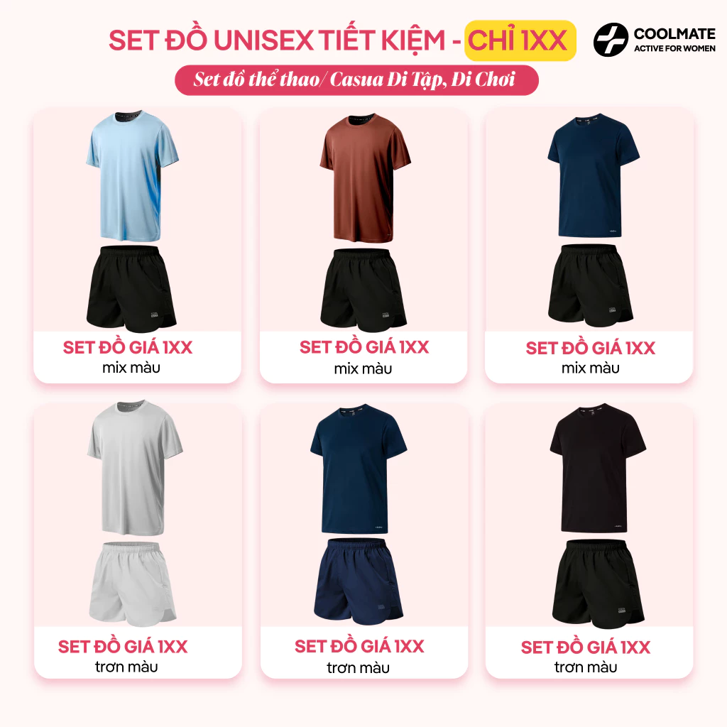 [🔥SET ĐỒ 1XX🔥] Set đồ Unisex Nữ Nam Mặc tập thể thao, Mặc hàng ngày Áo Coolmate Basics & Quần Maxcool 1 lớp