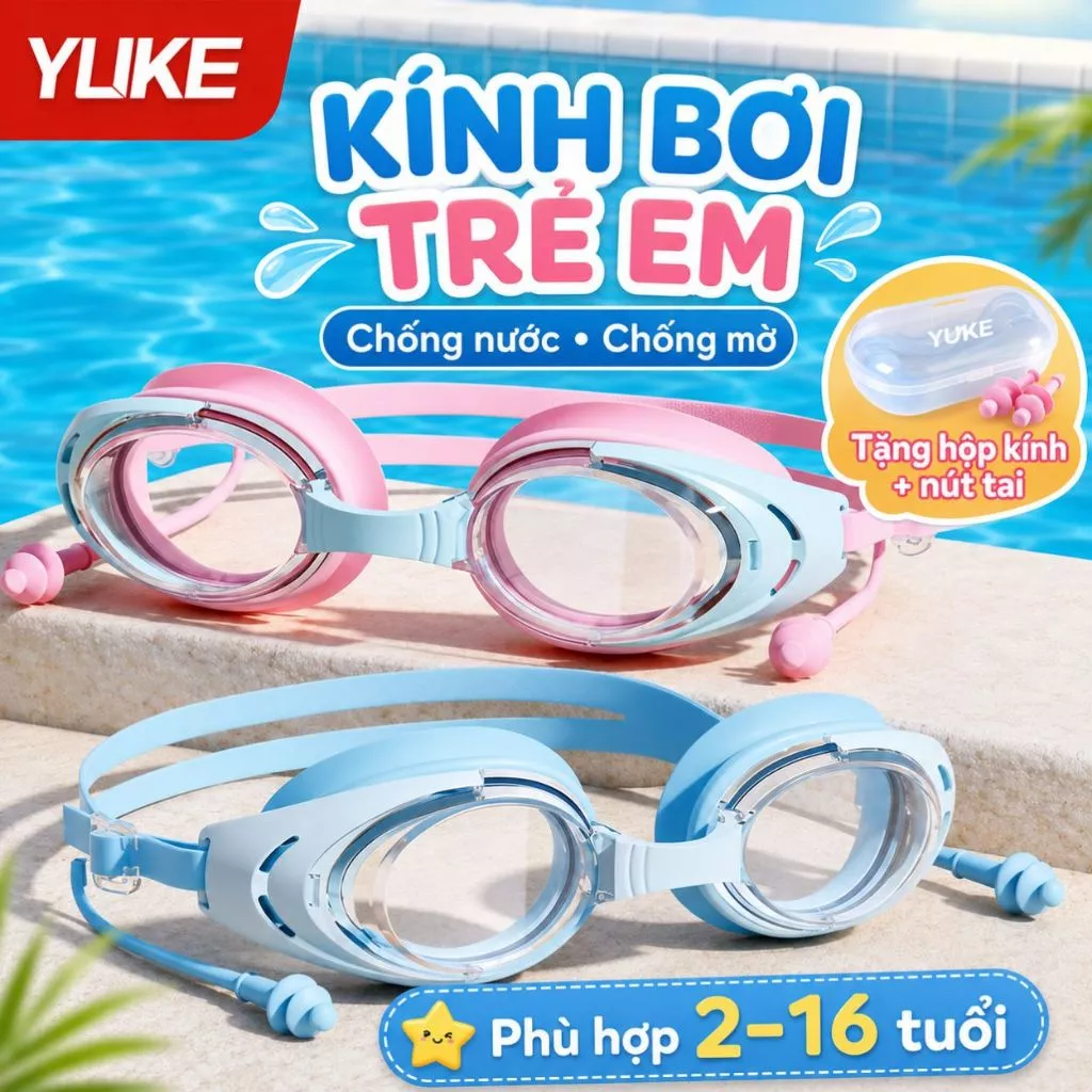 Set kính bơi mũ bơi Shiwei Ylike, mũ silicon dễ thương, kính chống nước cho bé học bơi đi biển YJ6020