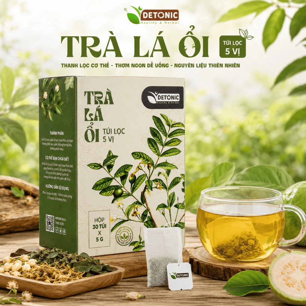 Trà lá ổi thảo mộc DETONIC giúp hỗ trợ tiêu hóa, ngăn ngừa mỡ máu, cải thiện sức đề kháng