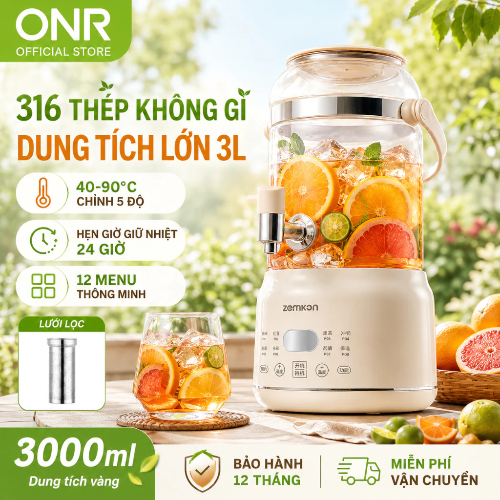 Ấm Đun Siêu Tốc 800W, Đế Đun Bằng Thép Không Gỉ 316, Dung Tích Lớn 3 Lít, 8 Chức Năng
