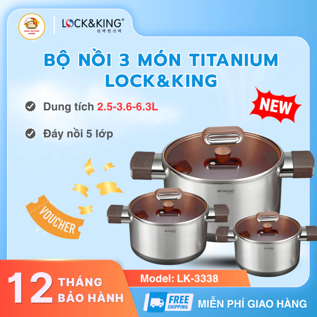 Bộ Nồi Titan 3 Món Lock&King LK-3338 Thiết Kế Đáy Từ Đa Năng, Phù Hợp Cho Nhiều Loại Bếp - SmartKitchen