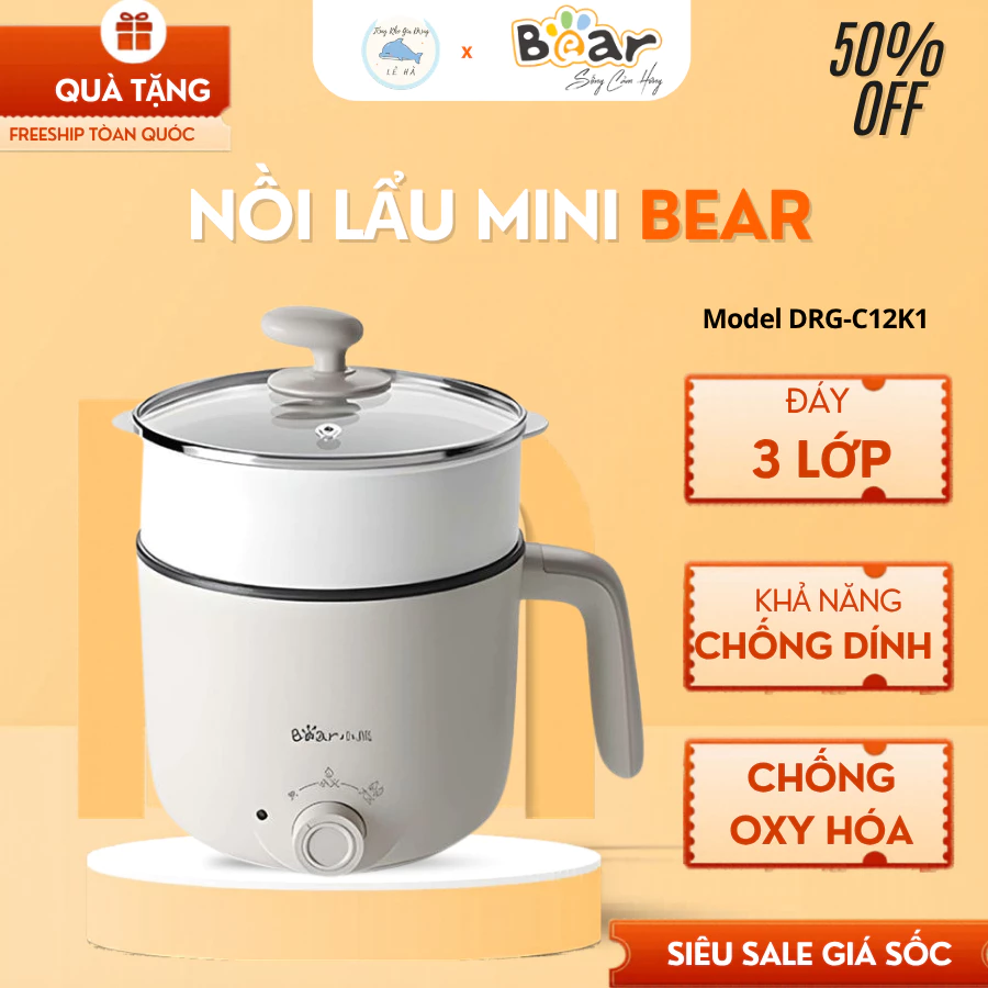 Nồi Lẩu Mini Bear DRG-C12K1 Điều Chỉnh Hai Mức Nhiệt, Có Nắp Kính Dễ Dàng Theo Dõi - Tổng Kho Gia Dụng Lê Hà