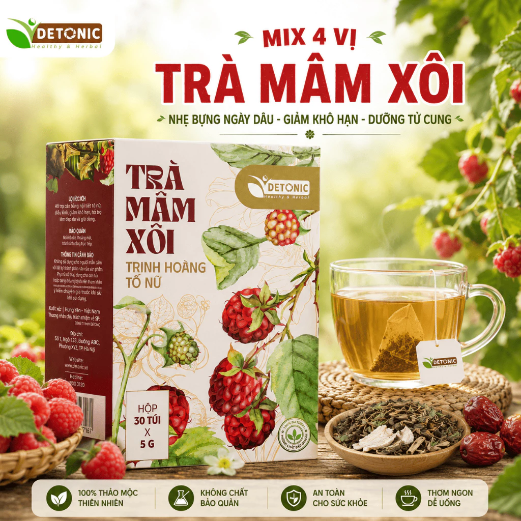 Trà mâm xôi thảo mộc DETONIC giúp giảm khô hạn, cân bằng nội tiết, tươi sáng làn da - HỘP 30 GÓI