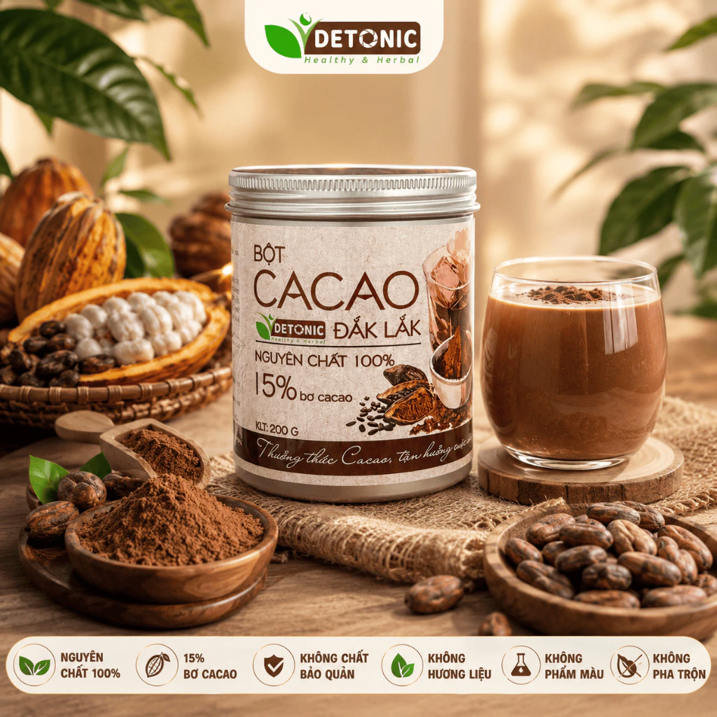 Bột Cacao Nguyên Chất DETONIC 250g, 15% Bơ CaCao Tự Nhiên,Không Chất Bảo Quản, Hương Vị Truyền Thống