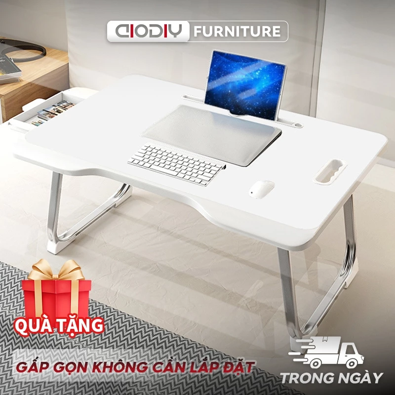 BÀN HỌC GẤP GỌN AIODIY | Chân Nhôm NÂNG CẤP Chịu Lực Tốt - Bàn Làm Việc Gập Gọn + Ngăn Cốc Tiện Lợi