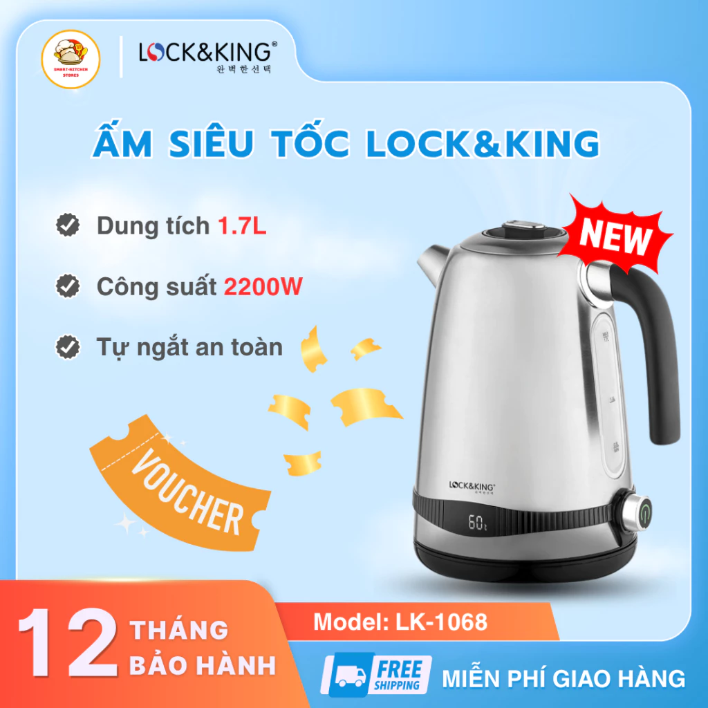 Ấm Siêu Tốc Lock&King LK-1068 Tự Động Ngắt Khi Cạn Nước, Có Đèn Báo Hiển Thị Tiện Lợi - SmartKitchen