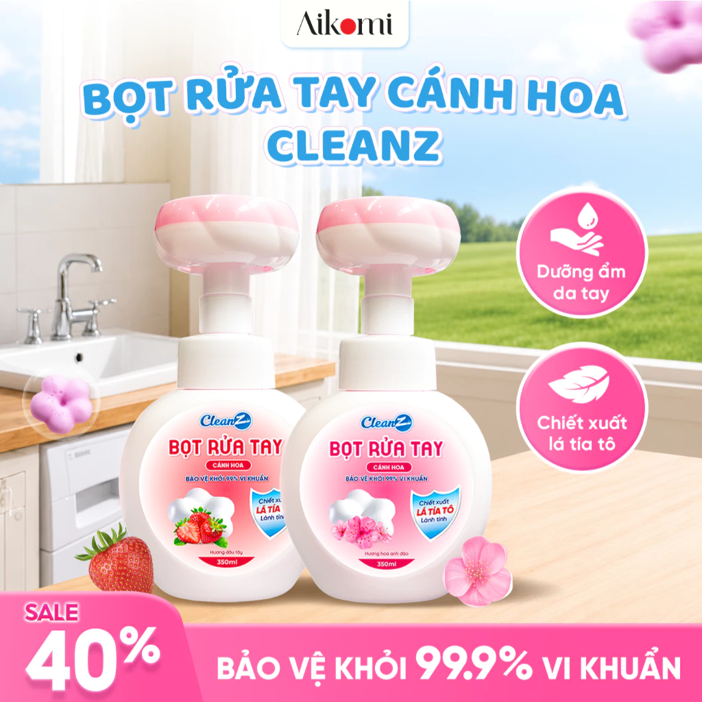 [VÕ HÀ LINH x Aikomi] COMBO 04 chai nước rửa tay/bọt rửa tay cánh hoa CleanZ  (02 Dâu + 02 Hoa Anh Đào) 350ml