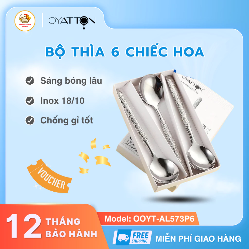 Bộ Thìa 6 Chiếc OYT-AL573P6 Chất Liệu Inox Sáng Bóng, Điểm Nhấn Hoa Văn Tinh Tế Nâng Tầm Không Gian Bếp - SmartKitchen