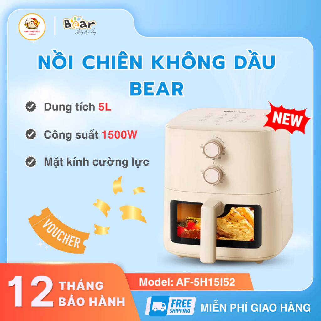 Nồi Chiên Không Dầu Bear AF 5H15 Có Núm Vặn Hẹn Giờ Tự Động, Lòng Nồi Chống Dính Dễ Lau Chùi - SmartKitchen
