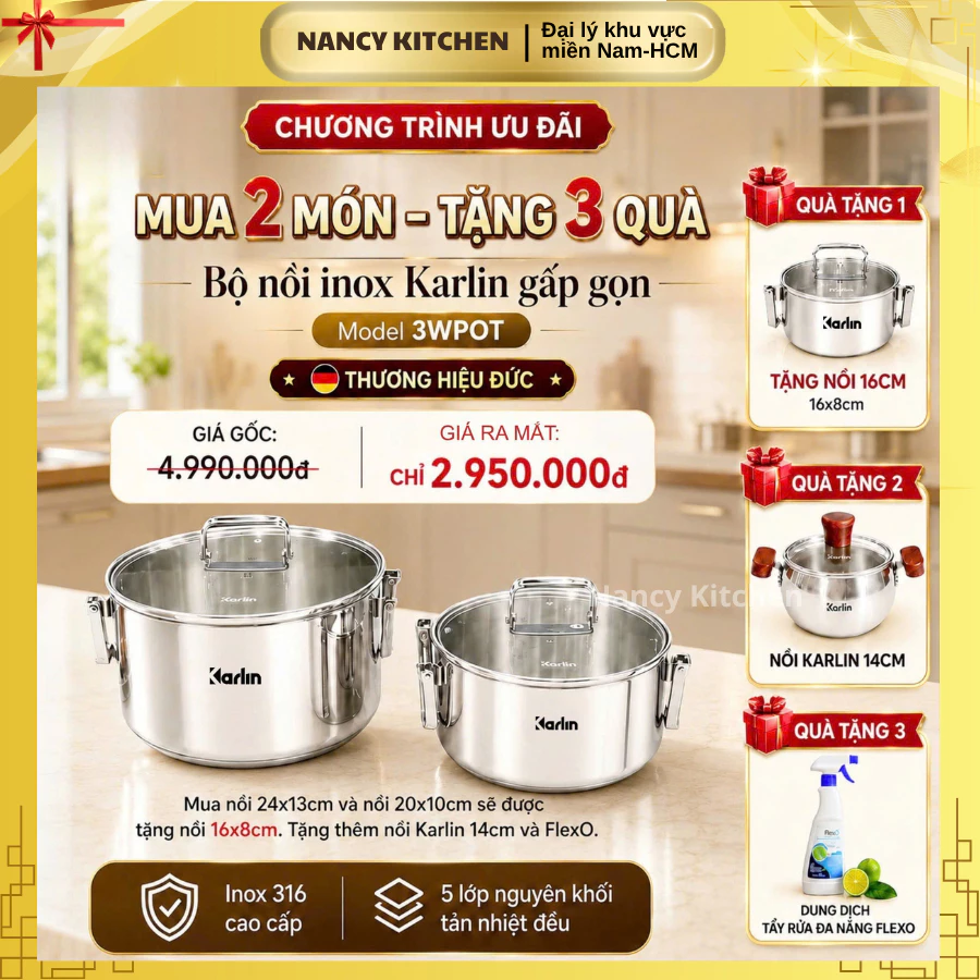 [Chính hãng] Bộ nồi inox 316 Karlin gấp gọn 3WPOT,thương hiệu Đức,5 lớp nguyên khối