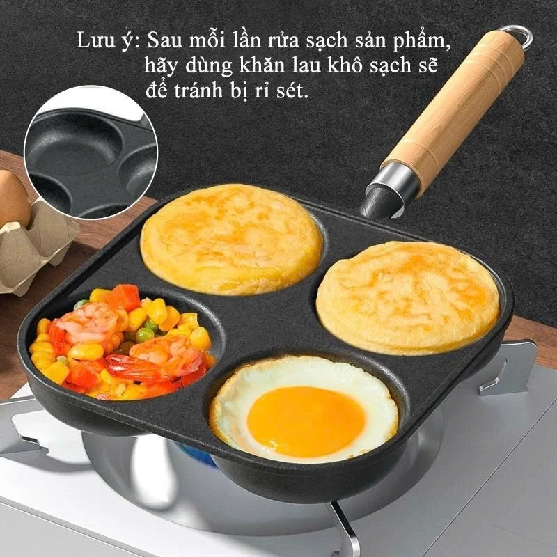 Chảo Chiên Trứng 4 Ngăn Chống Dính Đá Maifan Hình Tròn Dày Dặn, Dùng Trên Tất Cả Các Loại Bếp
