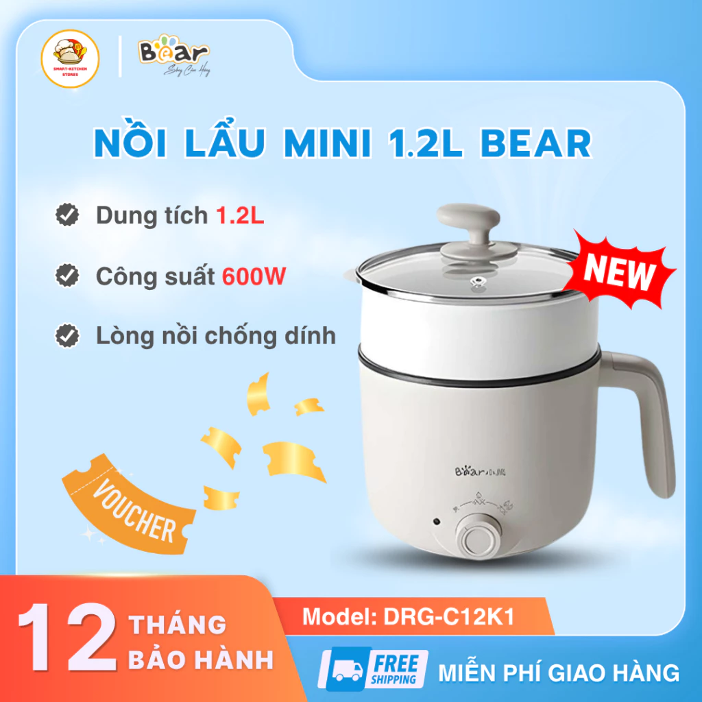 Nồi Lẩu Mini Bear DRG-C12K1 Tay Cầm Dài Chống Bỏng An Toàn, Tự Động Ngắt Điện Khi Quá Nhiệt - SmartKitchen