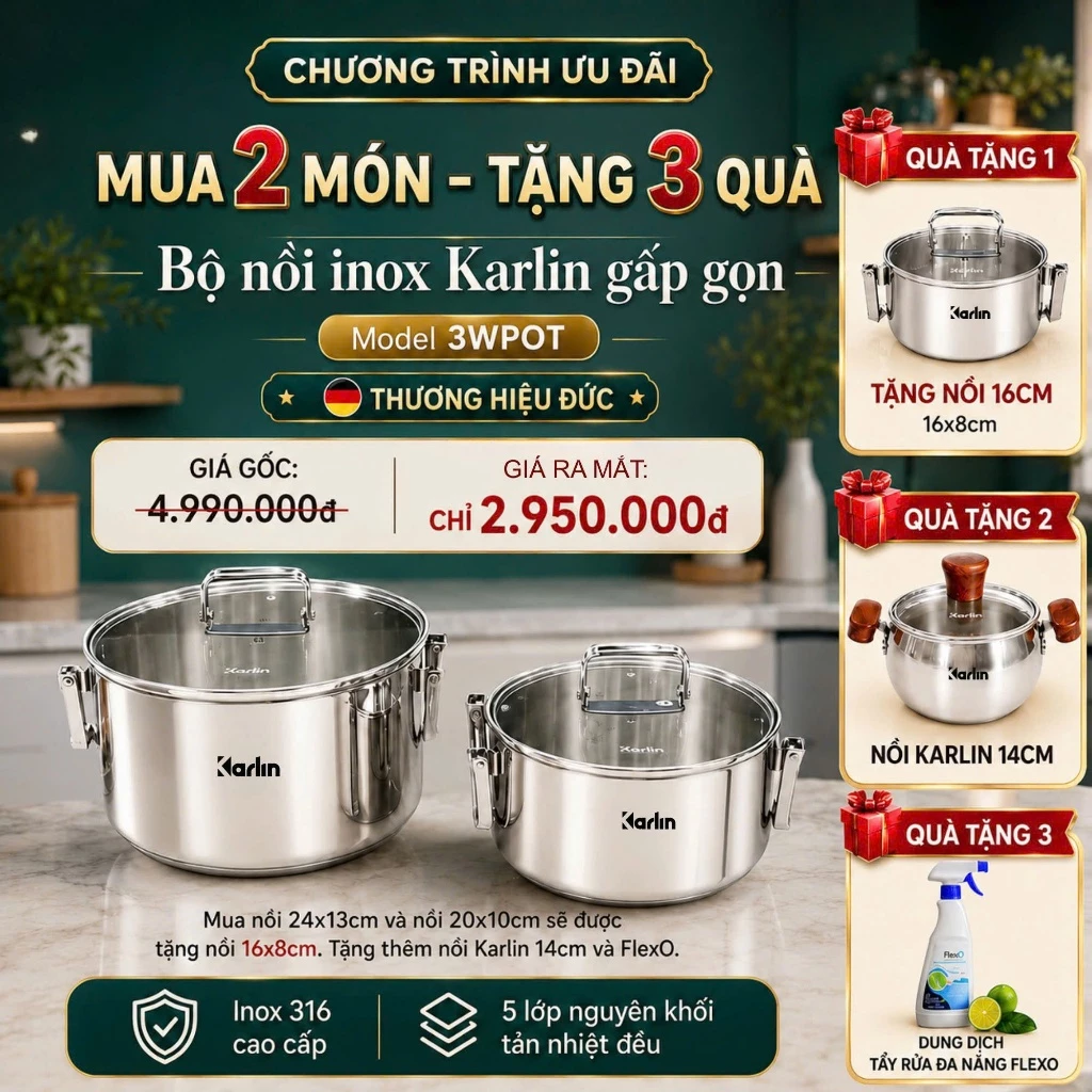[Chính hãng] Bộ nồi 3 Karlin 5 lớp 3WPOT, inox 316,thương hiệu Đức,bảo hành 24 tháng,quai gấp gọn