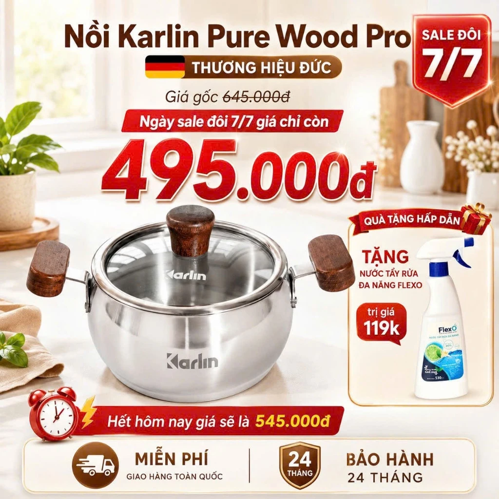 [Chính hãng] Nồi inox 316 Karlin Pure Wood Pro,size 14,tay cầm bằng gỗ,3 lớp,bảo hành 24 tháng