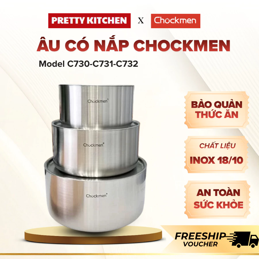 Âu Có Nắp Inox Chockmen Độ Dày Dặn Cao Chịu Lực Tốt, Thỏa Mái Trộn Salad Hay Muối Dưa - Pretty Kitchen