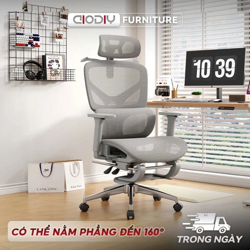 Ghế Văn Phòng Công Thái Học AIODIY - Tựa Đầu 4D & Tay Ghế 4D Đa Năng, Chân Gác Co Giãn Thông Minh, Xoay 360°