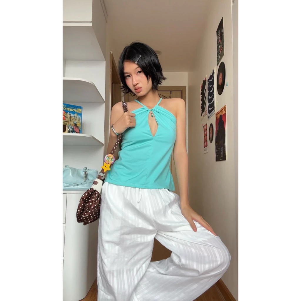 [Loop Halter] Áo khoét kiểu cổ yếm màu xanh Tiffany mùa Hè đi biển tôn dáng A07 - CHICBEE