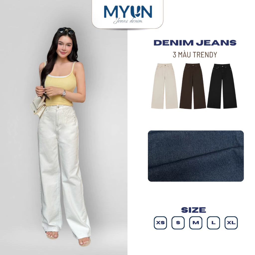 Quần Jean Nữ MYUN Ống Rộng Suông Cạp Cao, Quần Bò Denim Cotton Cao Cấp, Đứng Form Tôn Dáng JR0003 S2