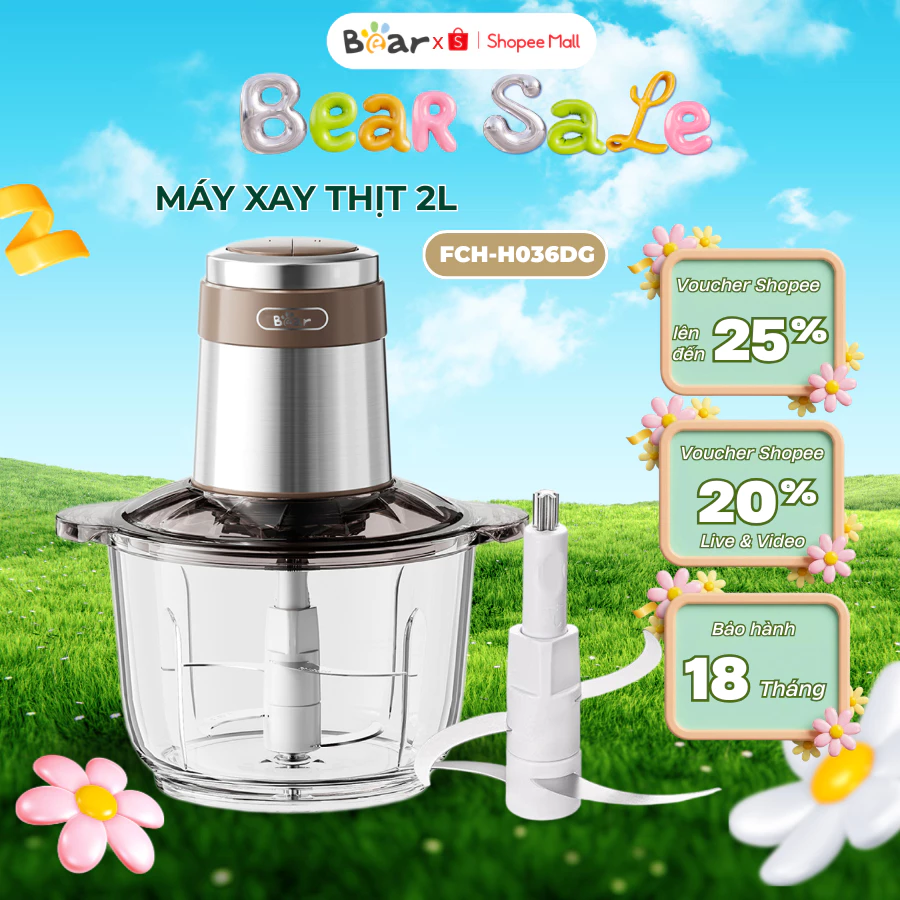 Máy xay thịt Bear FCH-H036DG 2L, 300W, đa năng 4 lưỡi 2 chế độ, xay rau củ, tỏi ớt, BH 18 tháng