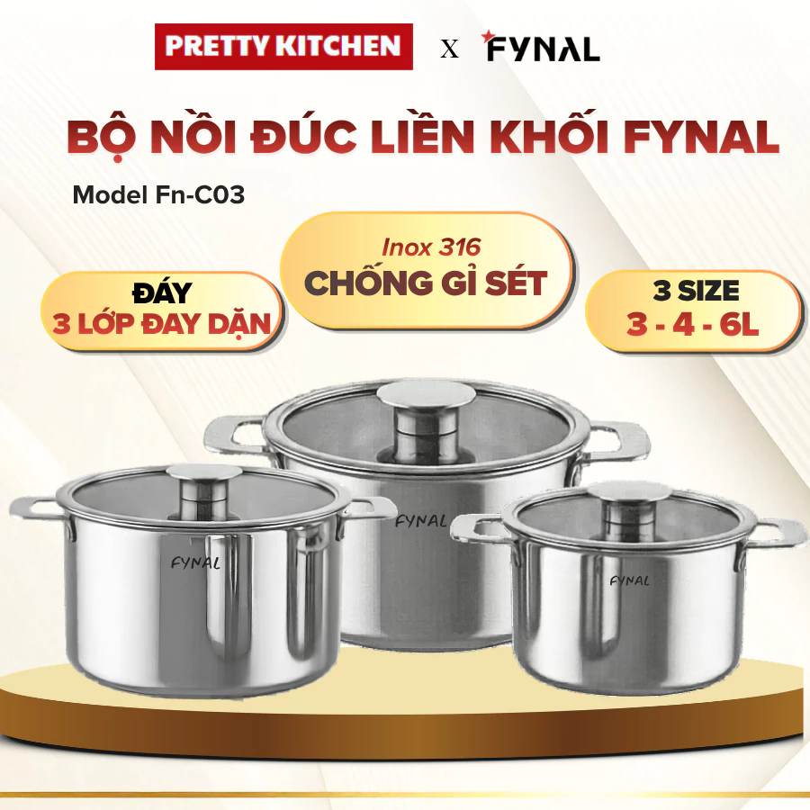 Bộ 3 Nồi Inox Fynal FN-03 Thiết Kế Miệng Vát Chống Nhỏ Giọt, Nhiều Kích Cỡ Luộc Hấp Ninh Hầm - Pretty Kitchen