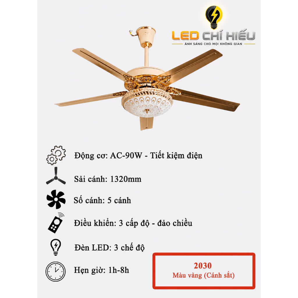 Quạt Trần Đèn 5 Cánh Thép Mạ Vàng Lõi Đồng, Sải Cánh 1m32,Điều Khiển Từ Xa 6 Cấp Độ Gió,Led 3 Chế Độ,Quạt Trần Trang Trí