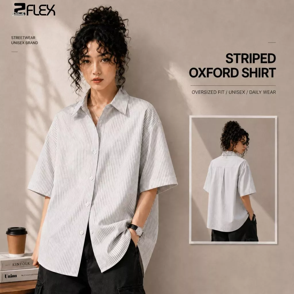 Áo Khoác Kẻ Sọc Unisex ZFLEX AZG01 Ngắn Tay Form Rộng Phong Cách Hàn Quốc