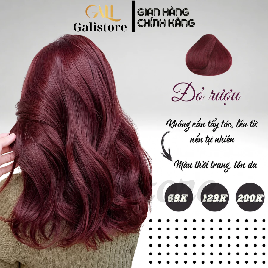 Thuốc nhuộm tóc Đỏ Rượu nhuộm tóc màu đỏ rượu vang, đỏ dâu trầm không cần tẩy tóc tặng kèm oxy trợ nhuộm Galistore