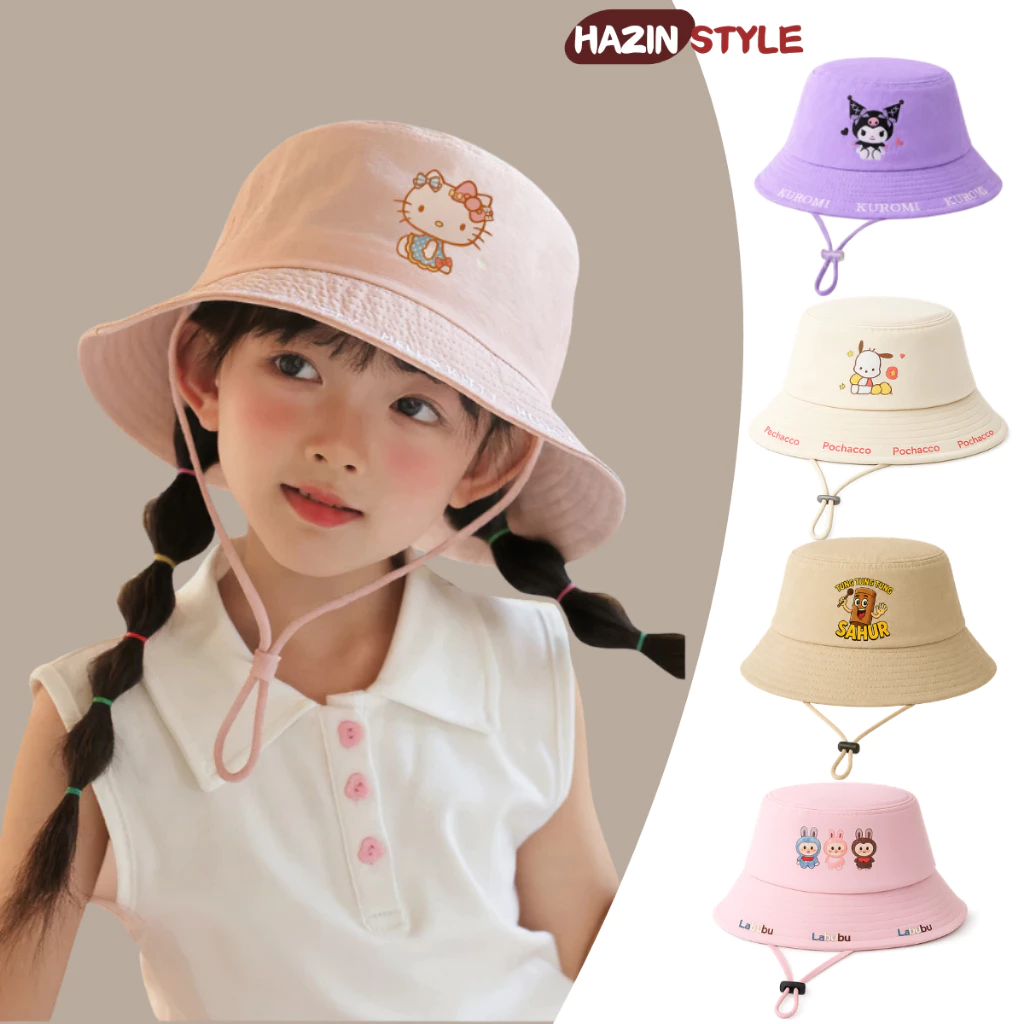 Mũ Bucket Trẻ Em Có Dây 3-10 Tuổi, Mũ Tai Bèo Bé Trai Bé Gái Thêu Hoạt Hình Dễ Thương Vành Rộng