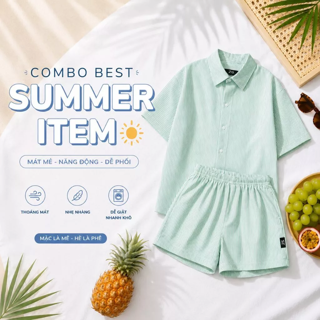 Combo Áo Sơ Mi Kẻ Sọc + Quần Short Mùa Hè Form Rộng Unisex