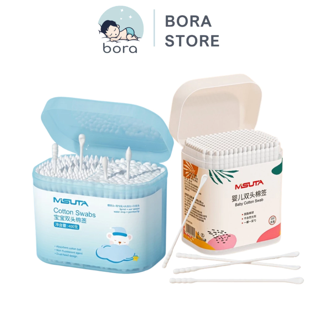 Tăm bông cho bé sơ sinh, bông tự nhiên, hộp 400 que Misuta